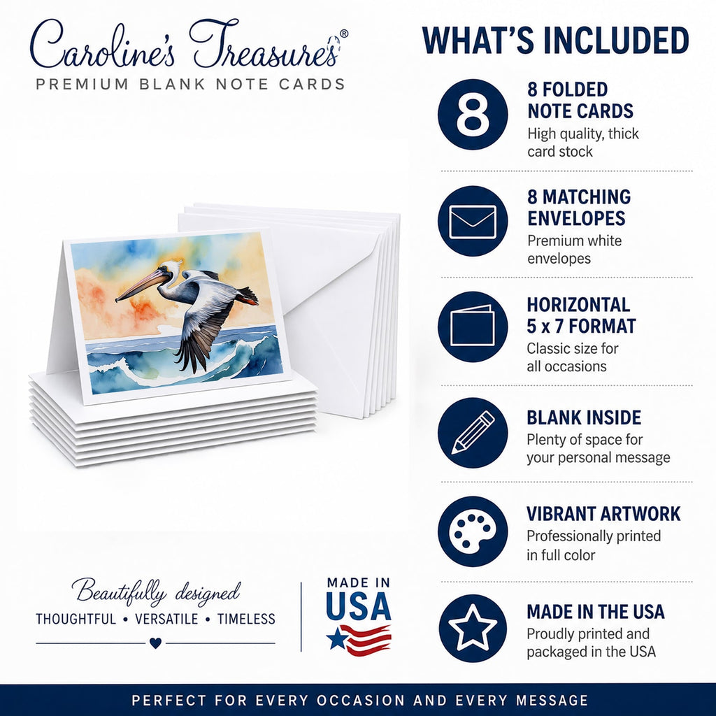 Pelican Over Ocean Wave Watercolor Greeting Cards Pack of 8 Blank Cards with Envelopes Whimsical A7 Size 5x7