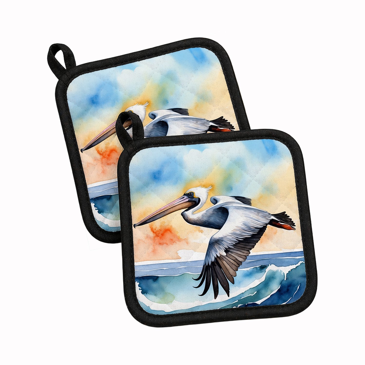 Pelican Over Ocean Wave Watercolor Pot Holder Set of 2 Heat Resistant Quilted Hot Pads 7.5 x 7.5 Inch, Insulated Kitchen Trivets for Cooking & Baking