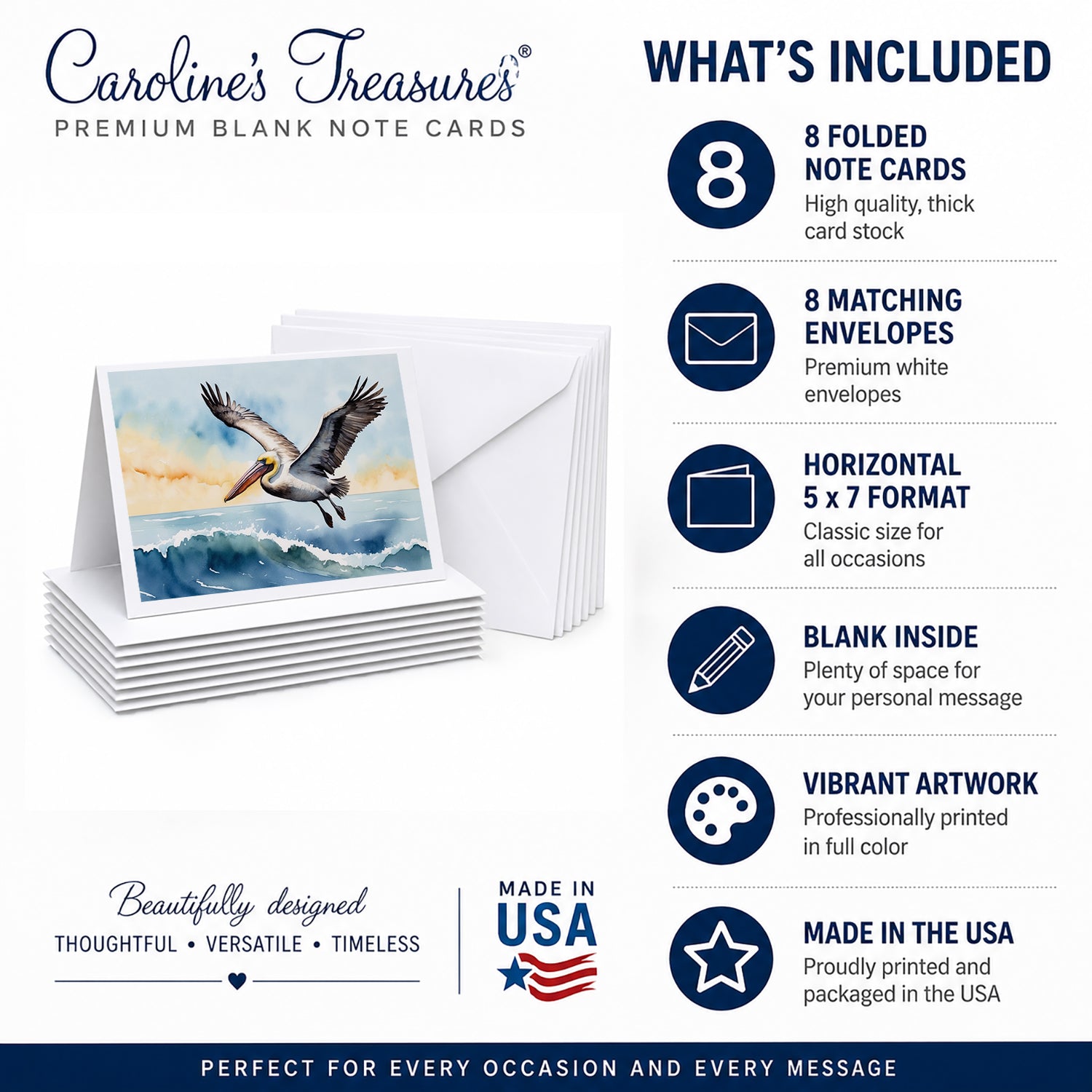 Pelican Coastal Flight Watercolor Greeting Cards Pack of 8 Blank Cards with Envelopes Whimsical A7 Size 5x7