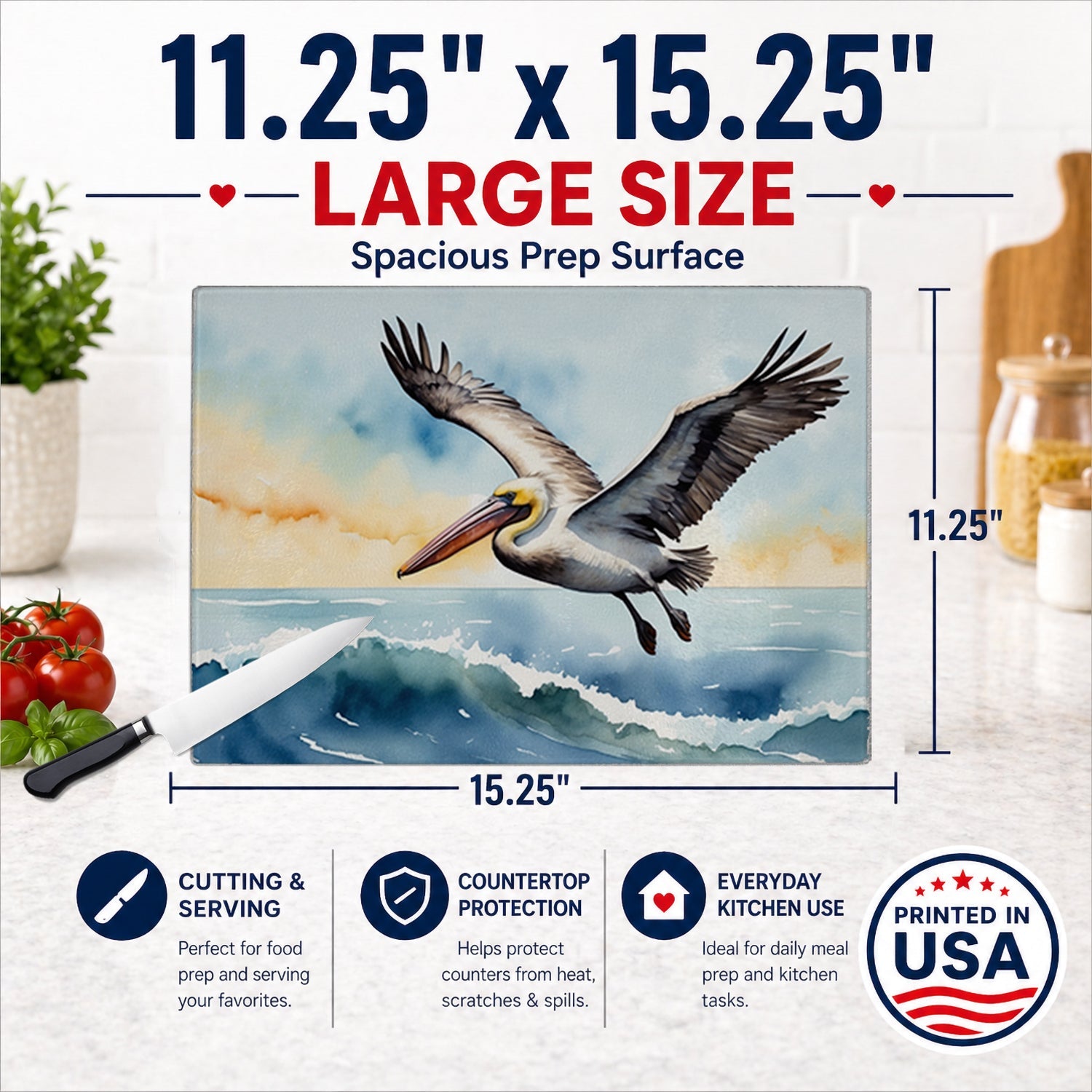 Pelican Coastal Flight Watercolor Cutting Board Tempered Glass Kitchen Cutting Surface, Heat Resistant Chopping, Non-Slip Feet, Food Prep & Serving
