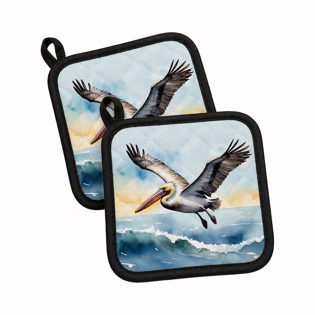 Pelican Coastal Flight Watercolor Pot Holder Set of 2 Heat Resistant Quilted Hot Pads 7.5 x 7.5 Inch, Insulated Kitchen Trivets for Cooking & Baking