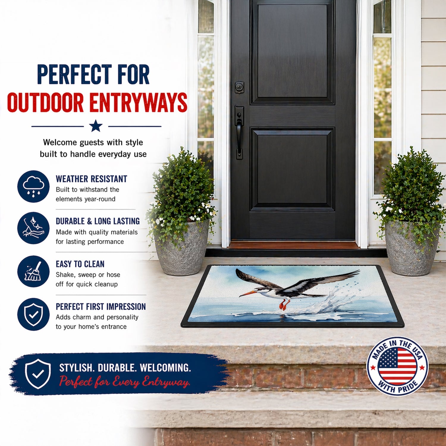 Black Skimmer Doormat Indoor Outdoor 24H X 36W Front Door Mat Rugs for Entryway, Non Slip Washable Low Pile,