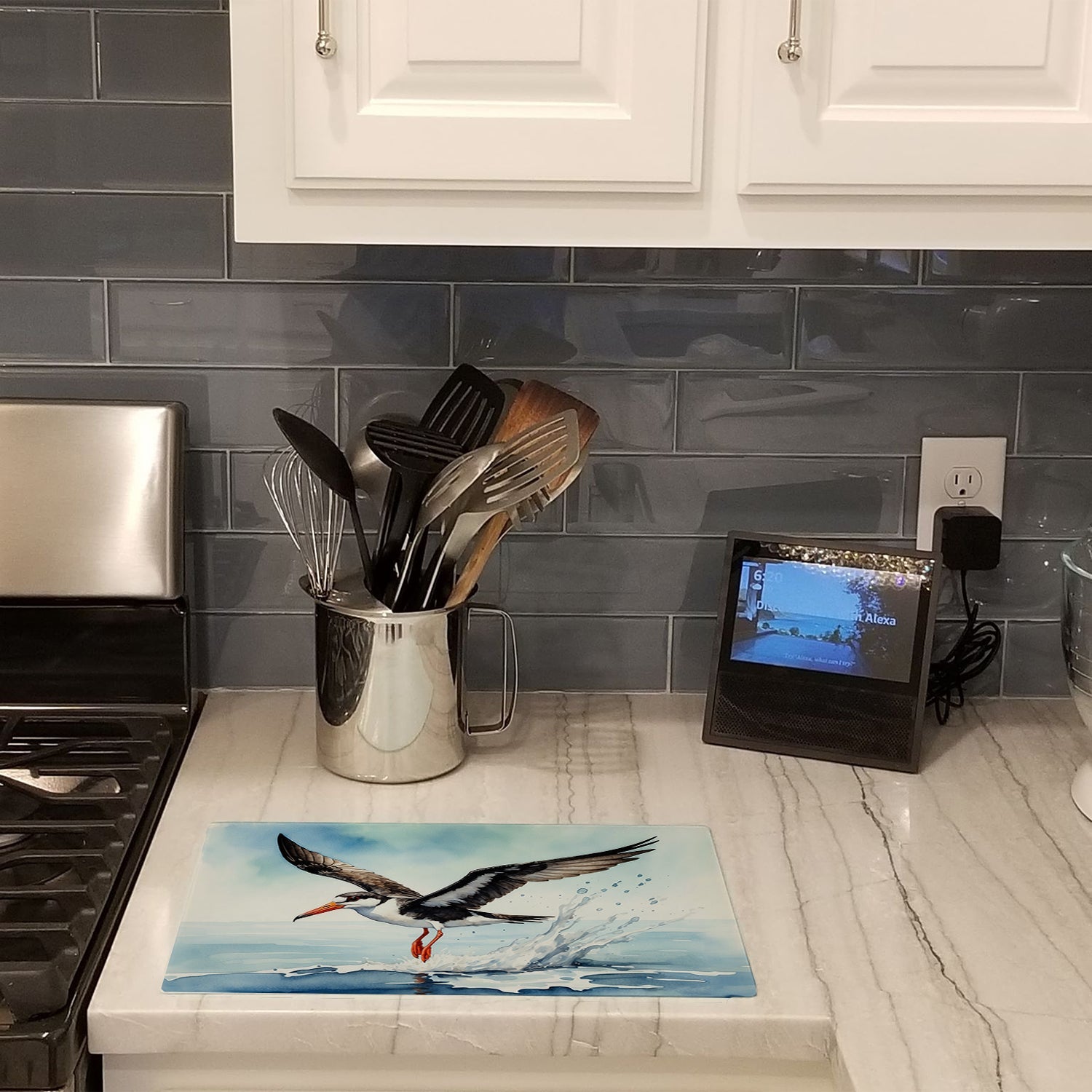Black Skimmer Cutting Board Tempered Glass Kitchen Cutting Surface, Heat Resistant Chopping, Non-Slip Feet, Food Prep & Serving