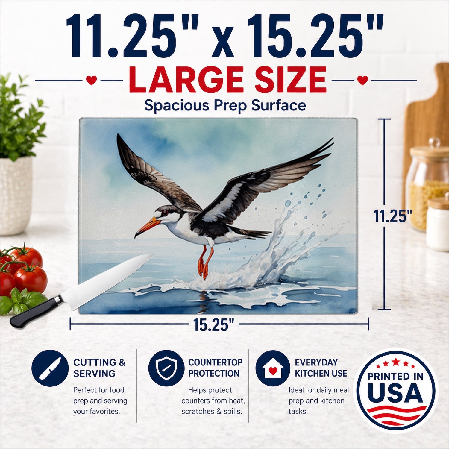 Black Skimmer Cutting Board Tempered Glass Kitchen Cutting Surface, Heat Resistant Chopping, Non-Slip Feet, Food Prep & Serving