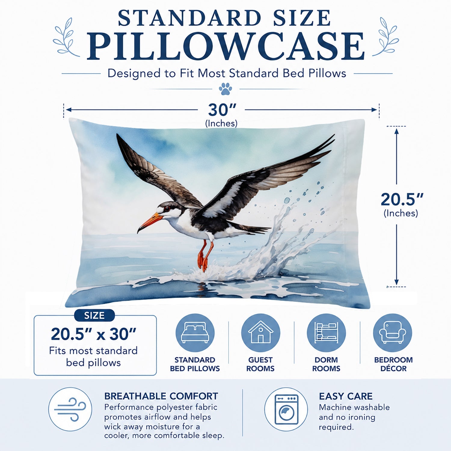 Black Skimmer Standard Pillowcase Lightweight Super Soft Easy Care Decorative Artwork Pillowcase, Standard