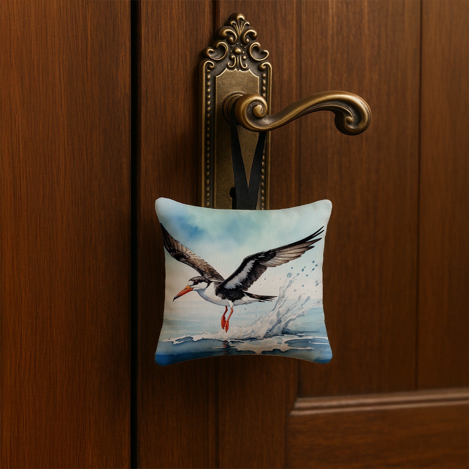 Black Skimmer Hanging Square Fabric Ornament 3.5 × 3.5 Decorative Door-Knob & Tree Hanger, Soft Fabric