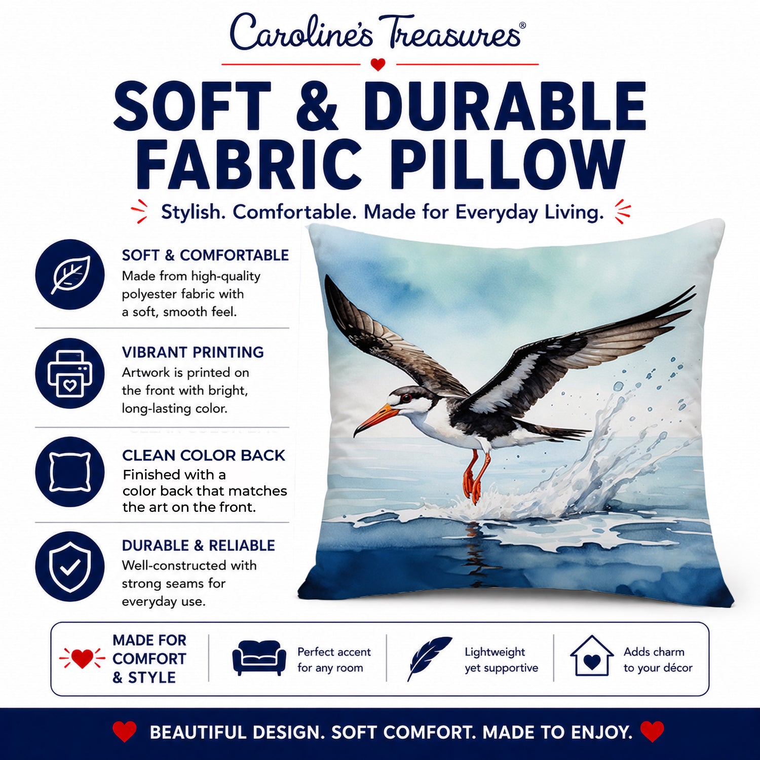 Black Skimmer Decorative Throw Pillow 14x14 Indoor Outdoor Accent Cushion, Fabric Cover with Insert for Sofa, Bed, Porch & Living Room