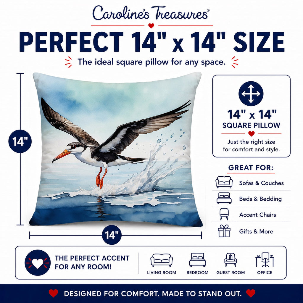 Black Skimmer Decorative Throw Pillow 14x14 Indoor Outdoor Accent Cushion, Fabric Cover with Insert for Sofa, Bed, Porch & Living Room
