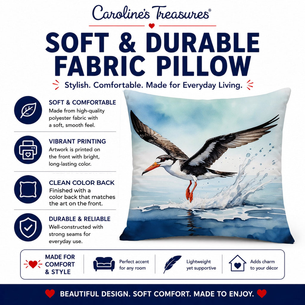 Black Skimmer Decorative Throw Pillow 18x18 Indoor Outdoor Accent Cushion, Fabric Cover with Insert for Sofa, Bed, Porch & Living Room