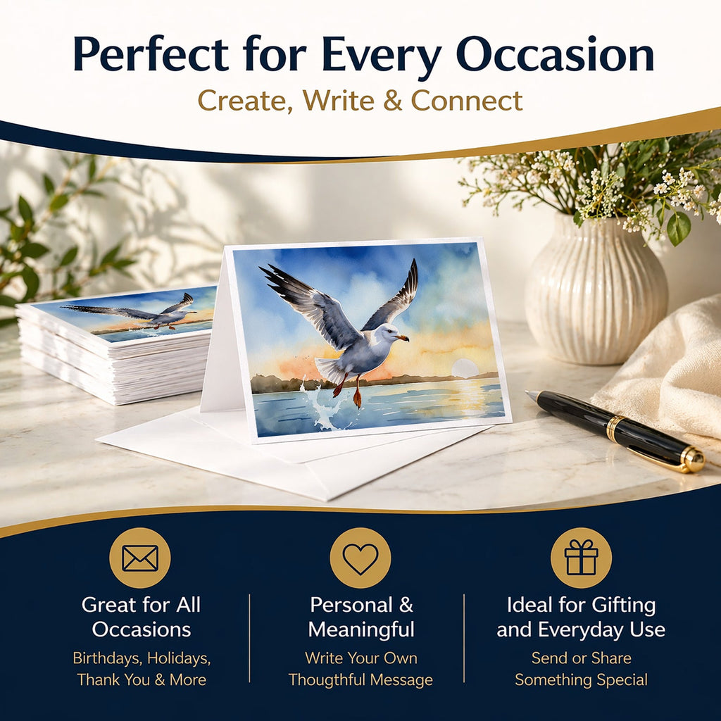 Seagull Flying Over Ocean Sunset Watercolor Greeting Cards Pack of 8 Blank Cards with Envelopes Whimsical A7 Size 5x7