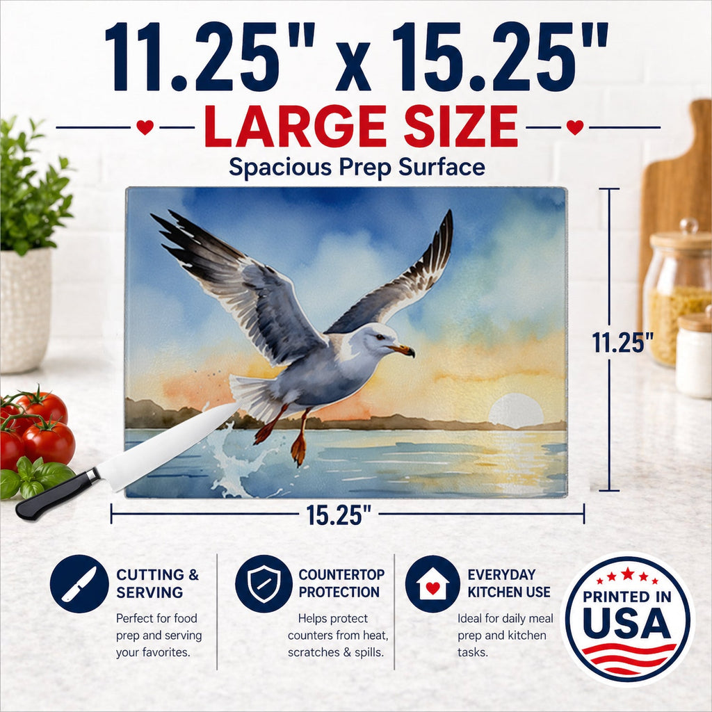 Seagull Flying Over Ocean Sunset Watercolor Cutting Board Tempered Glass Kitchen Cutting Surface, Heat Resistant Chopping, Non-Slip Feet, Food Prep & Serving