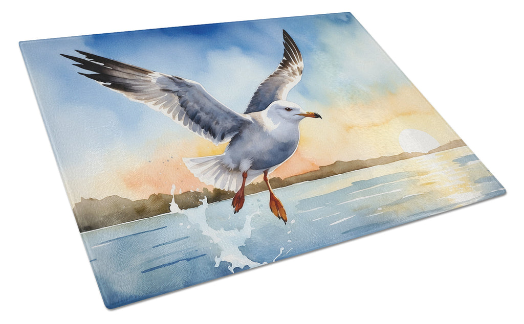 Seagull Flying Over Ocean Sunset Watercolor Cutting Board Tempered Glass Kitchen Cutting Surface, Heat Resistant Chopping, Non-Slip Feet, Food Prep & Serving