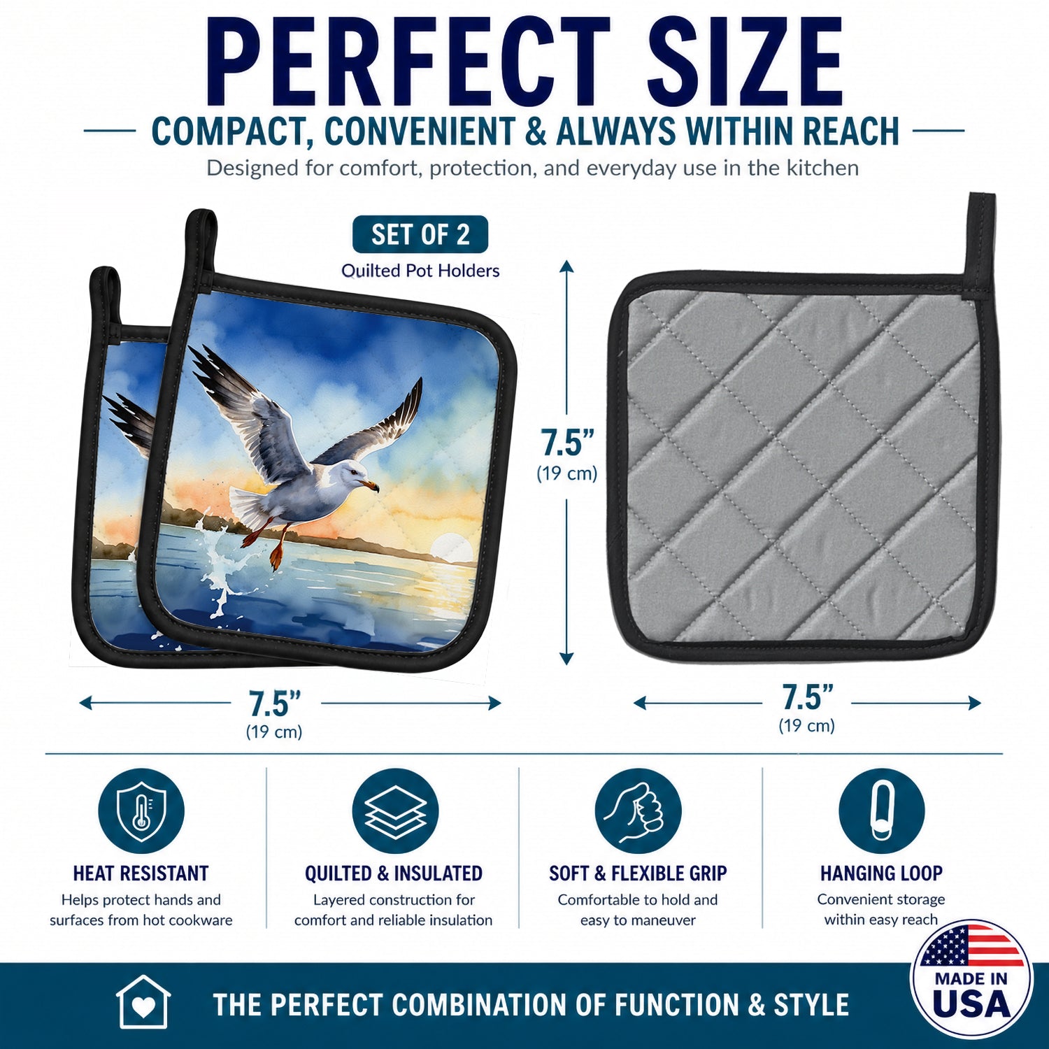 Seagull Flying Over Ocean Sunset Watercolor Pot Holder Set of 2 Heat Resistant Quilted Hot Pads 7.5 x 7.5 Inch, Insulated Kitchen Trivets for Cooking & Baking