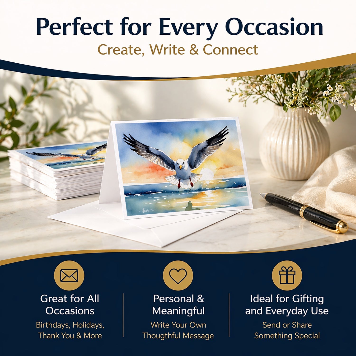 Seagull Flying Toward Viewer Sunset Watercolor Greeting Cards Pack of 8 Blank Cards with Envelopes Whimsical A7 Size 5x7