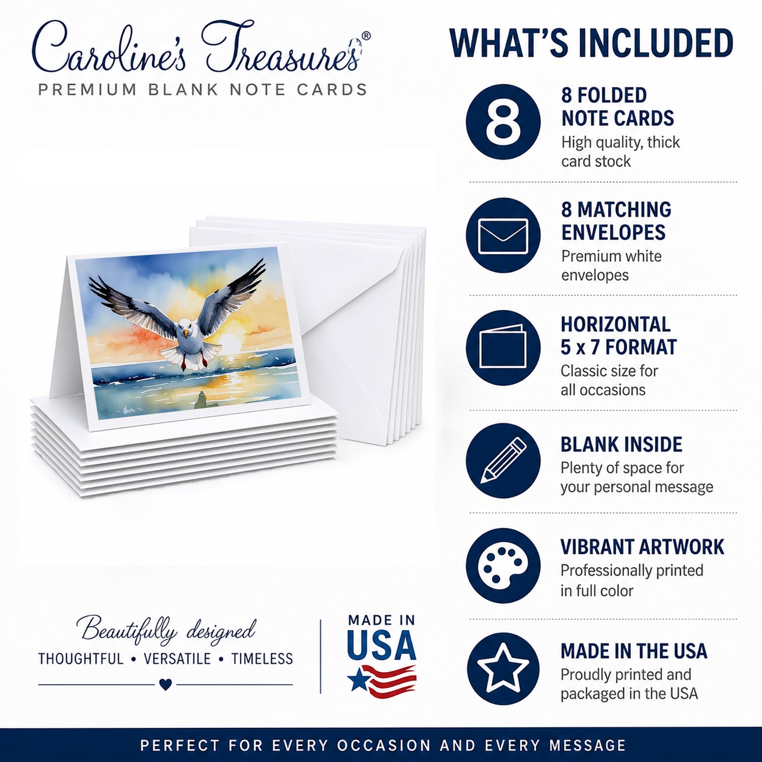 Seagull Flying Toward Viewer Sunset Watercolor Greeting Cards Pack of 8 Blank Cards with Envelopes Whimsical A7 Size 5x7