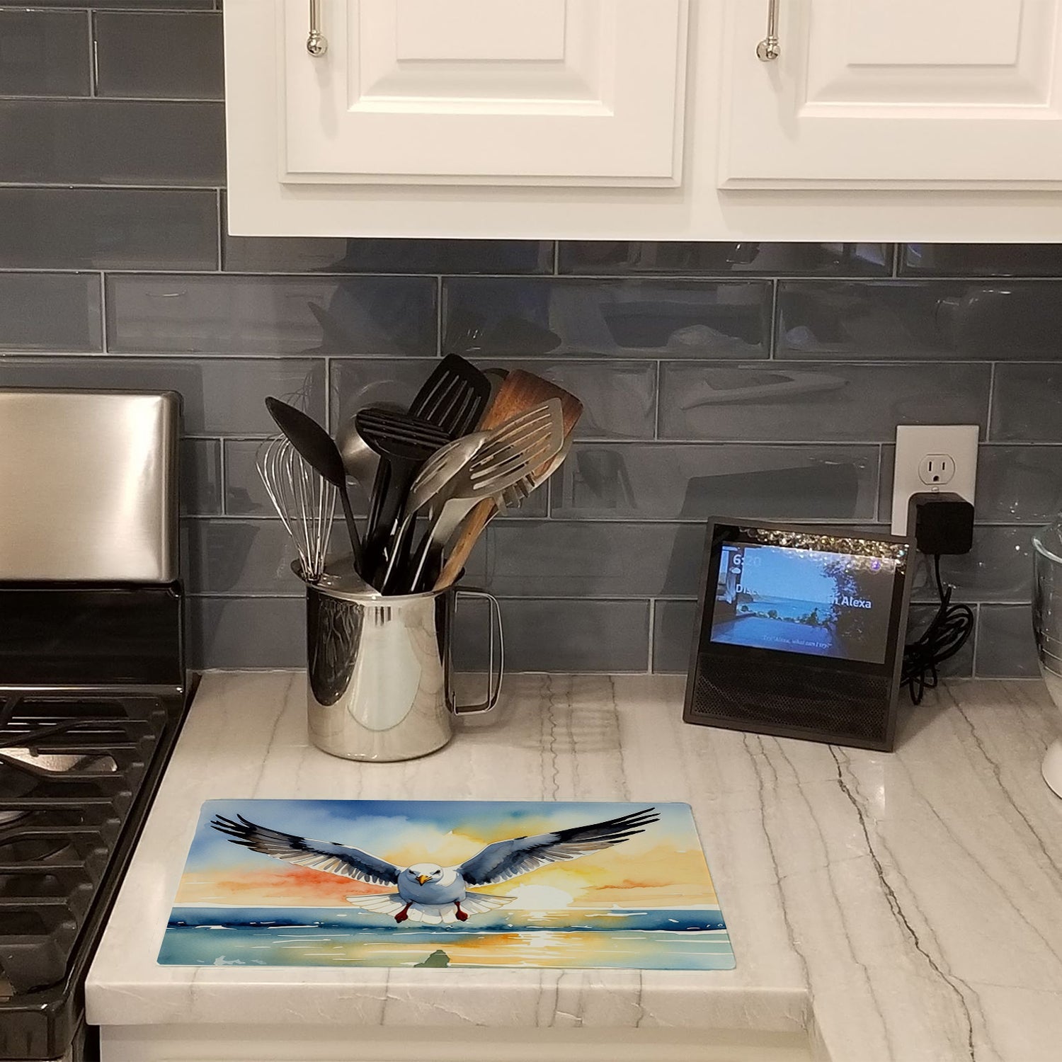 Seagull Flying Toward Viewer Sunset Watercolor Cutting Board Tempered Glass Kitchen Cutting Surface, Heat Resistant Chopping, Non-Slip Feet, Food Prep & Serving