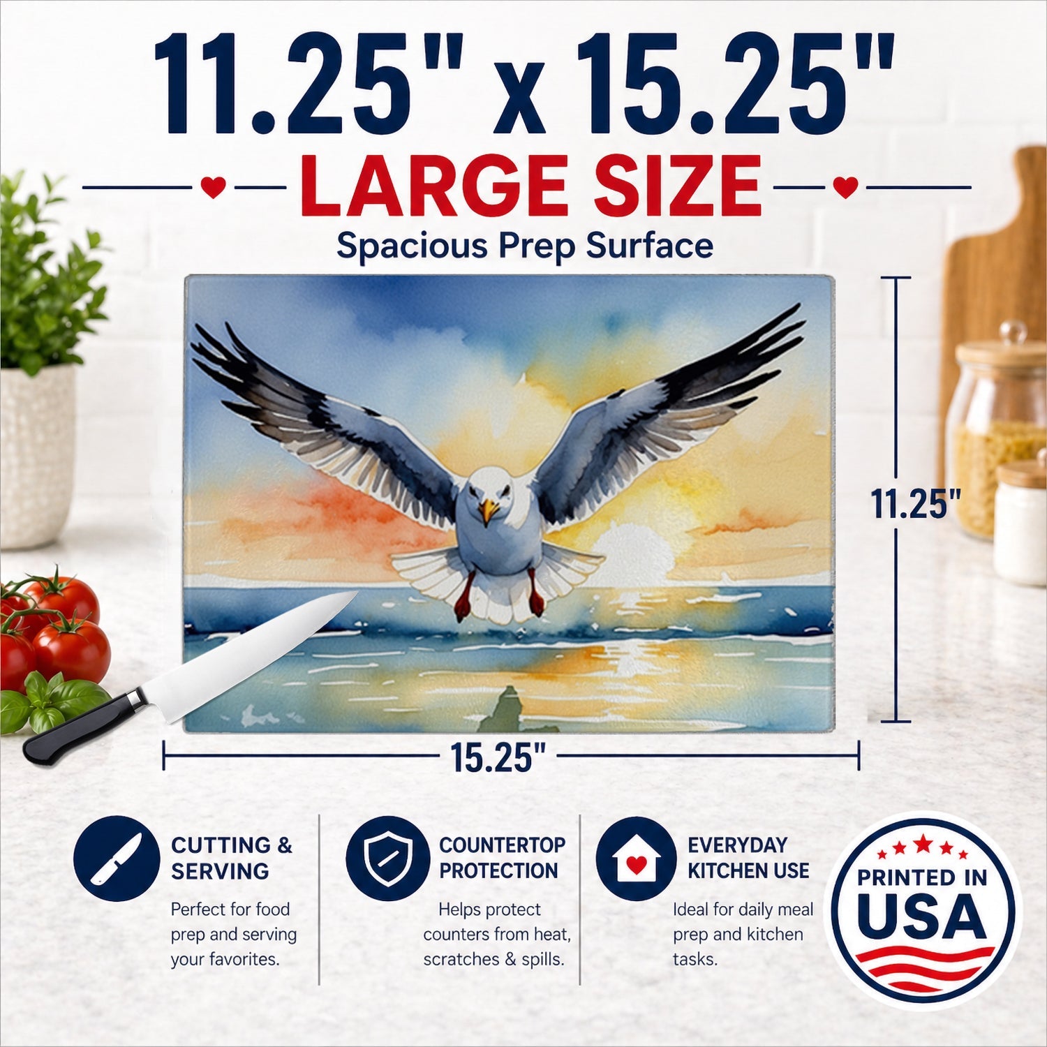 Seagull Flying Toward Viewer Sunset Watercolor Cutting Board Tempered Glass Kitchen Cutting Surface, Heat Resistant Chopping, Non-Slip Feet, Food Prep & Serving