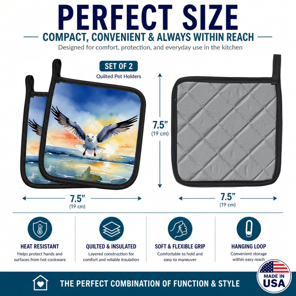 Seagull Flying Toward Viewer Sunset Watercolor Pot Holder Set of 2 Heat Resistant Quilted Hot Pads 7.5 x 7.5 Inch, Insulated Kitchen Trivets for Cooking & Baking