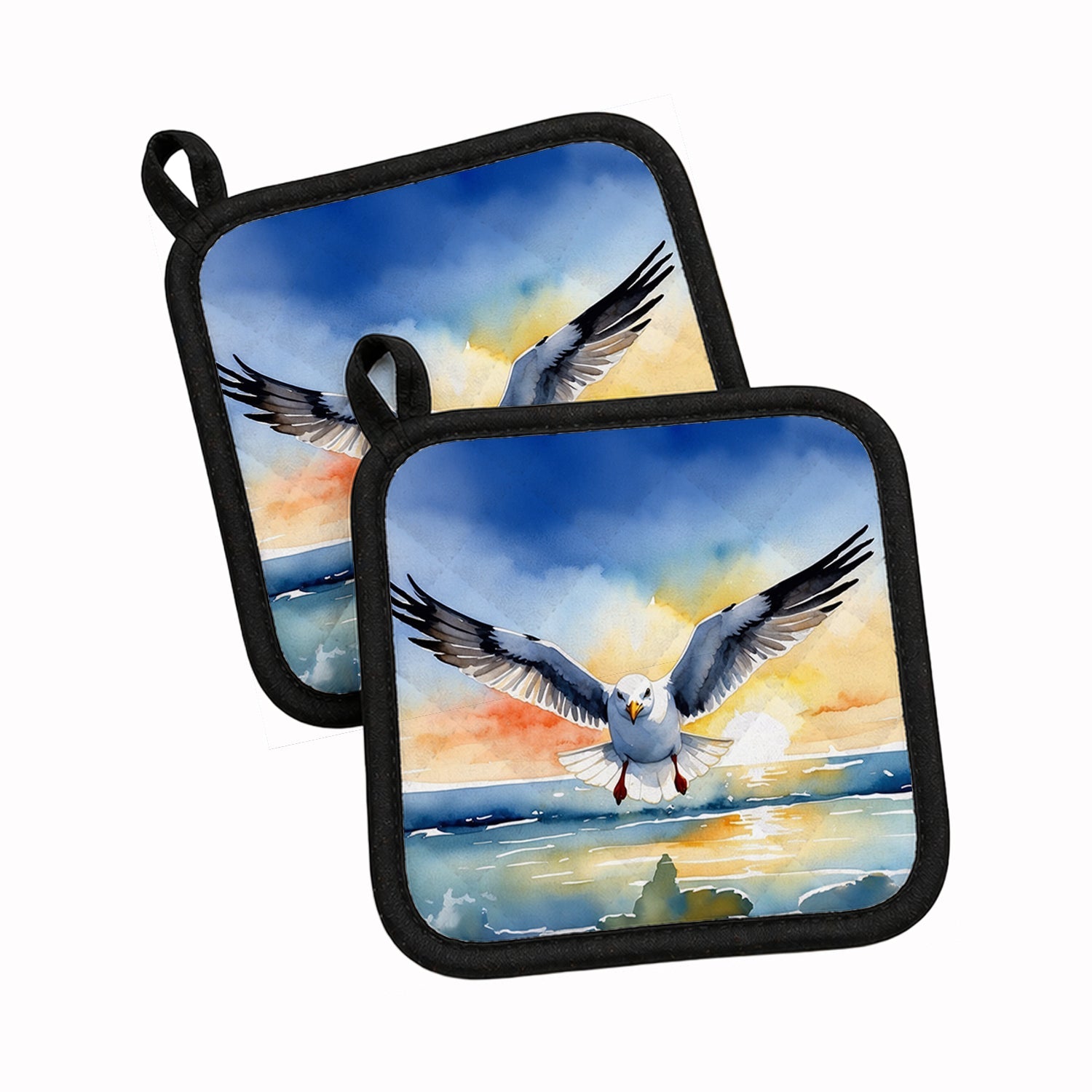 Seagull Flying Toward Viewer Sunset Watercolor Pot Holder Set of 2 Heat Resistant Quilted Hot Pads 7.5 x 7.5 Inch, Insulated Kitchen Trivets for Cooking & Baking