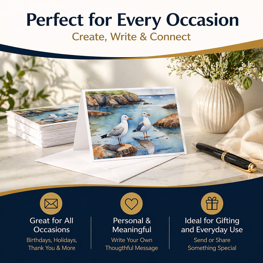 Seagulls on Rocky Shore Coastal Watercolor Greeting Cards Pack of 8 Blank Cards with Envelopes Whimsical A7 Size 5x7