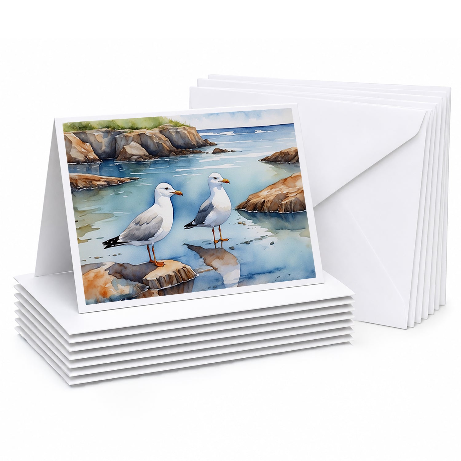 Seagulls on Rocky Shore Coastal Watercolor Greeting Cards Pack of 8 Blank Cards with Envelopes Whimsical A7 Size 5x7