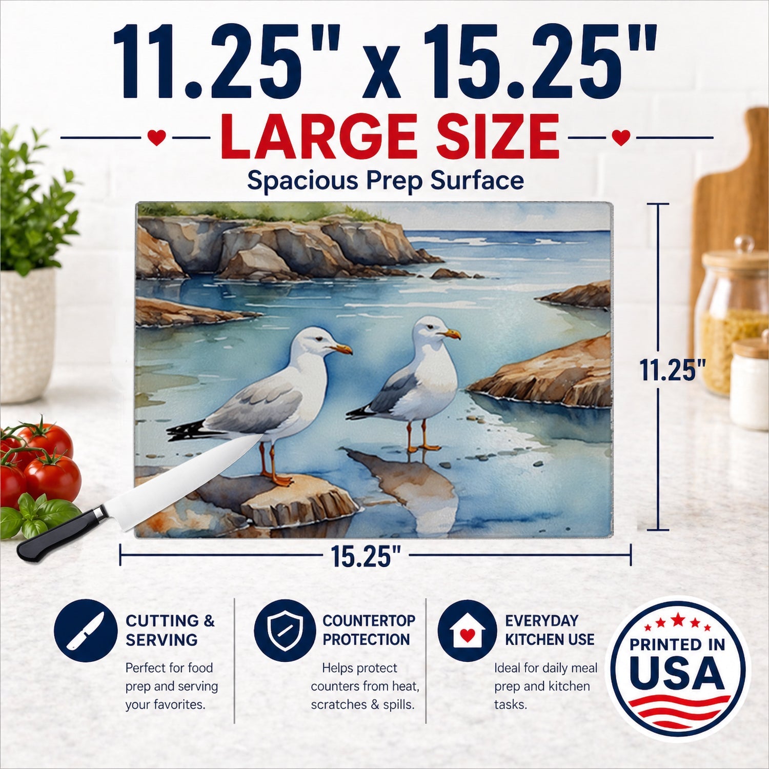 Seagulls on Rocky Shore Coastal Watercolor Cutting Board Tempered Glass Kitchen Cutting Surface, Heat Resistant Chopping, Non-Slip Feet, Food Prep & Serving