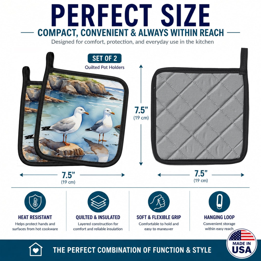 Seagulls on Rocky Shore Coastal Watercolor Pot Holder Set of 2 Heat Resistant Quilted Hot Pads 7.5 x 7.5 Inch, Insulated Kitchen Trivets for Cooking & Baking