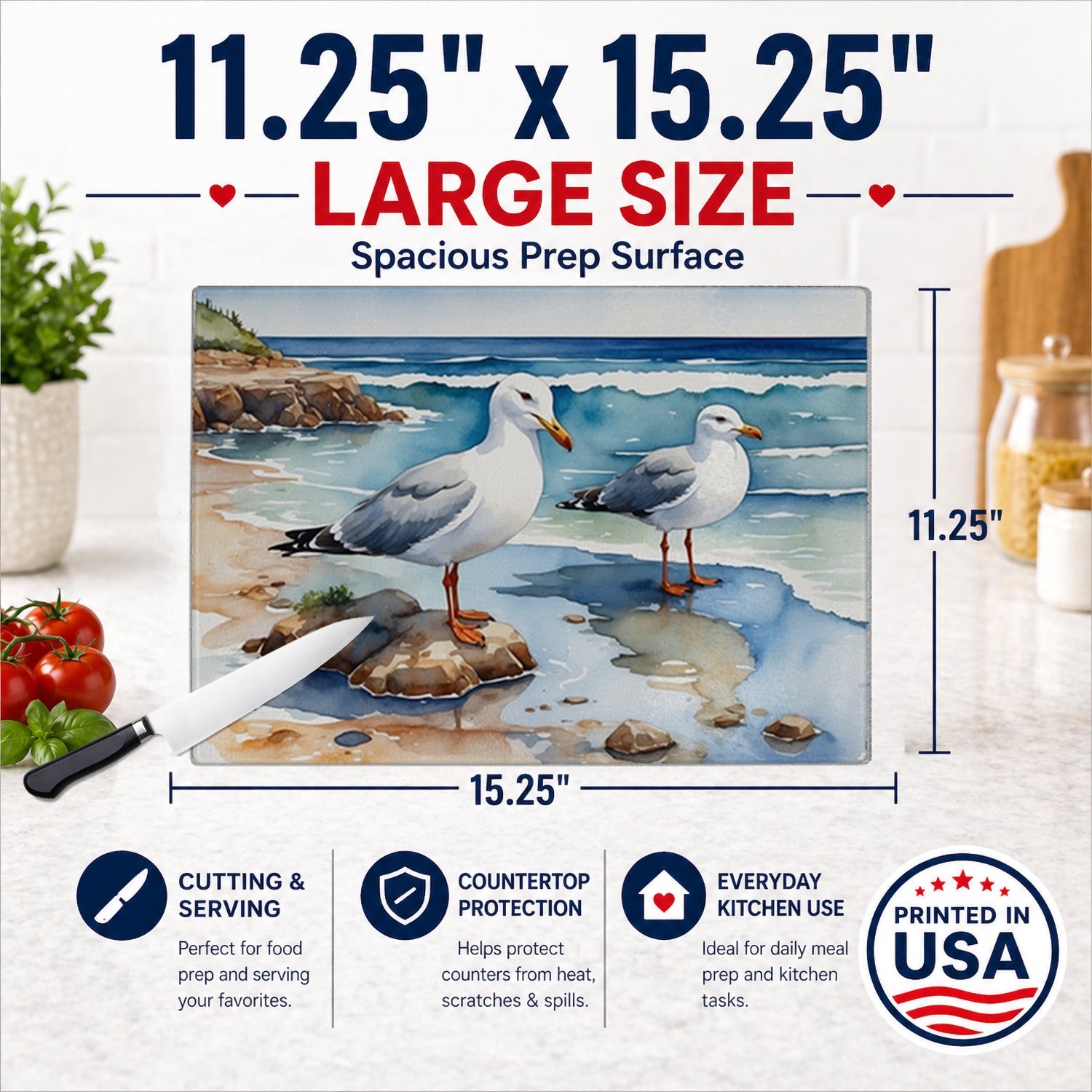 Seagulls on Beach Shore Watercolor Cutting Board Tempered Glass Kitchen Cutting Surface, Heat Resistant Chopping, Non-Slip Feet, Food Prep & Serving