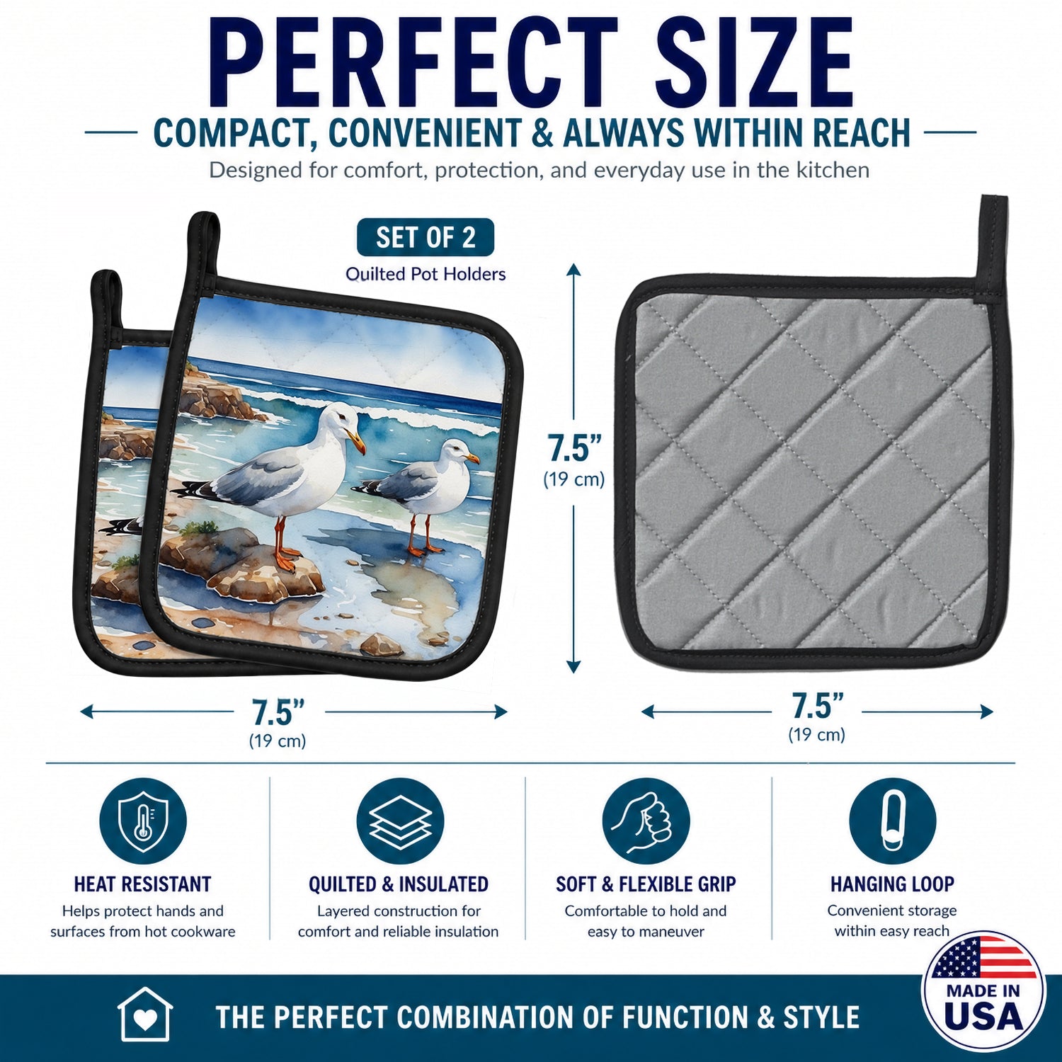 Seagulls on Beach Shore Watercolor Pot Holder Set of 2 Heat Resistant Quilted Hot Pads 7.5 x 7.5 Inch, Insulated Kitchen Trivets for Cooking & Baking
