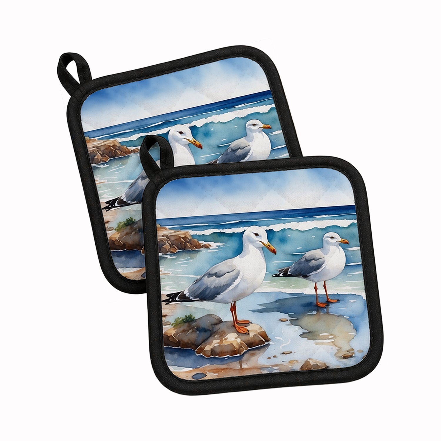 Seagulls on Beach Shore Watercolor Pot Holder Set of 2 Heat Resistant Quilted Hot Pads 7.5 x 7.5 Inch, Insulated Kitchen Trivets for Cooking & Baking