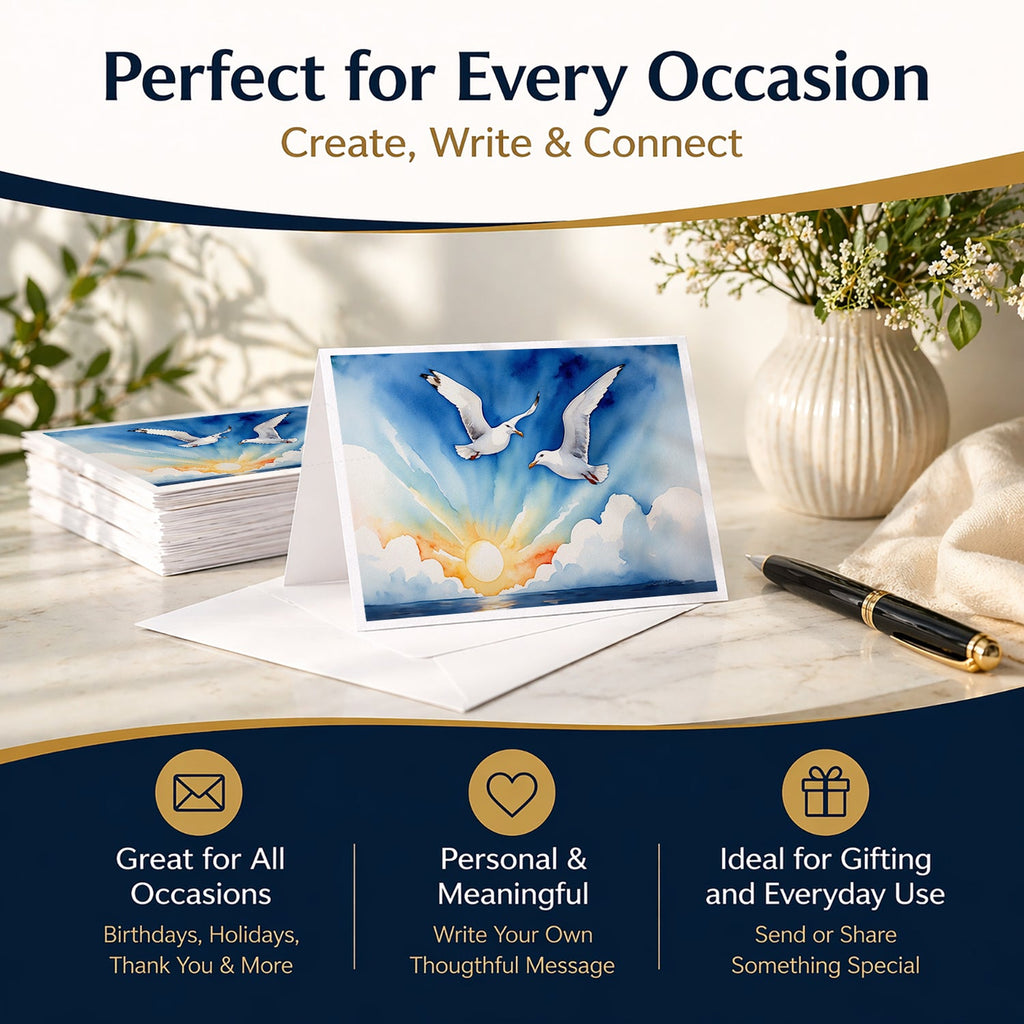 Seagulls Flying Over Ocean Sunrise Watercolor Greeting Cards Pack of 8 Blank Cards with Envelopes Whimsical A7 Size 5x7