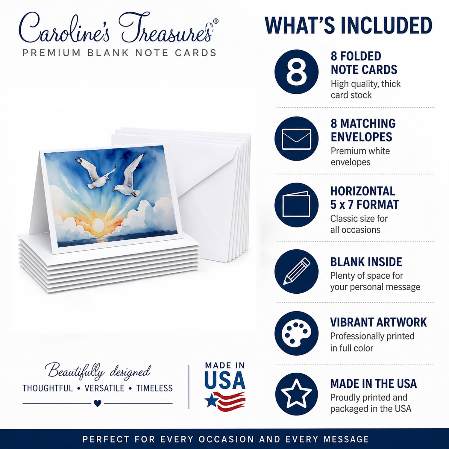 Seagulls Flying Over Ocean Sunrise Watercolor Greeting Cards Pack of 8 Blank Cards with Envelopes Whimsical A7 Size 5x7