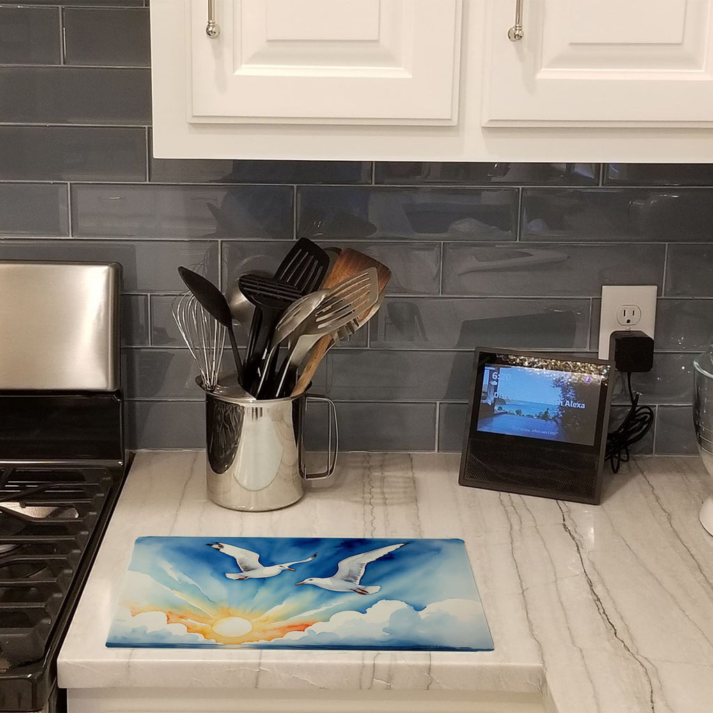 Seagulls Flying Over Ocean Sunrise Watercolor Cutting Board Tempered Glass Kitchen Cutting Surface, Heat Resistant Chopping, Non-Slip Feet, Food Prep & Serving