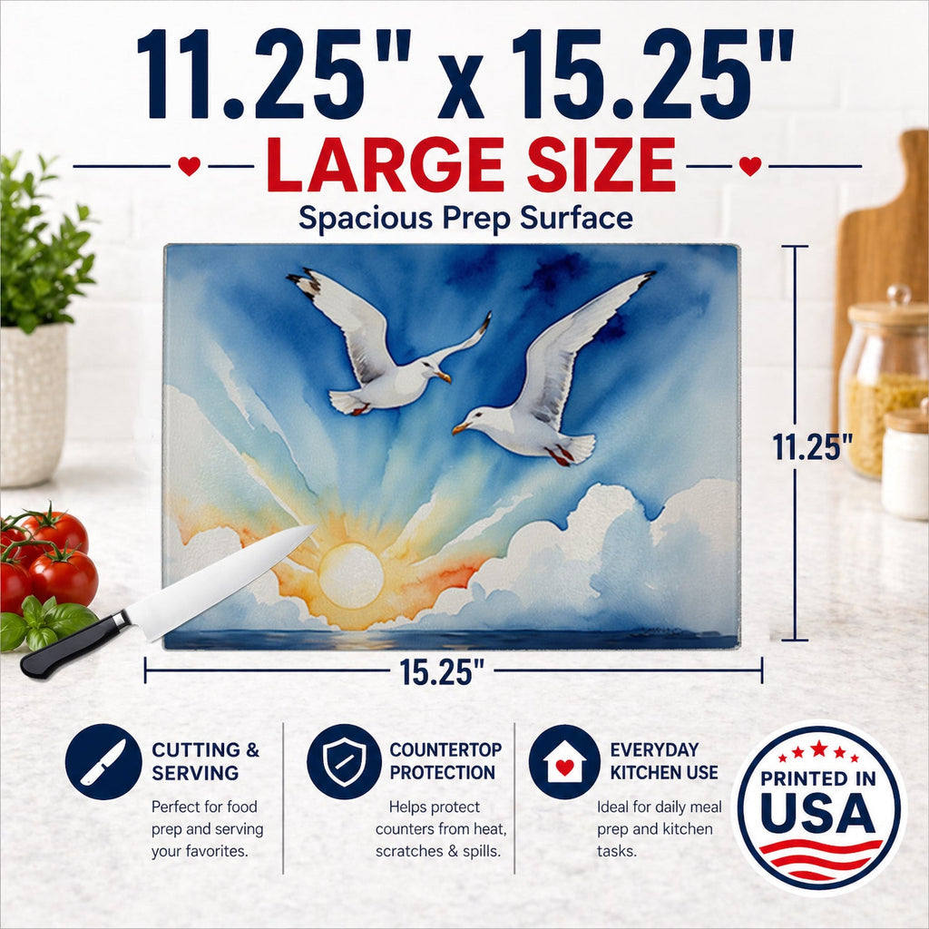 Seagulls Flying Over Ocean Sunrise Watercolor Cutting Board Tempered Glass Kitchen Cutting Surface, Heat Resistant Chopping, Non-Slip Feet, Food Prep & Serving