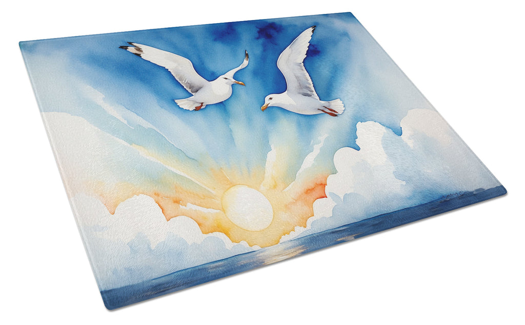 Seagulls Flying Over Ocean Sunrise Watercolor Cutting Board Tempered Glass Kitchen Cutting Surface, Heat Resistant Chopping, Non-Slip Feet, Food Prep & Serving