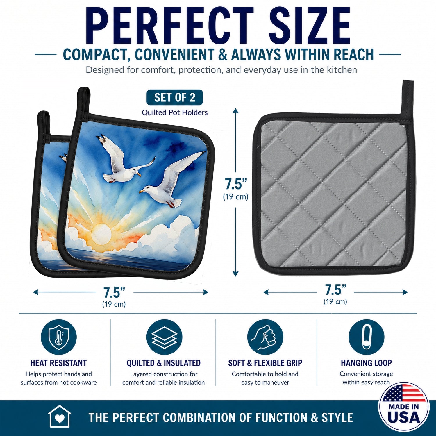 Seagulls Flying Over Ocean Sunrise Watercolor Pot Holder Set of 2 Heat Resistant Quilted Hot Pads 7.5 x 7.5 Inch, Insulated Kitchen Trivets for Cooking & Baking