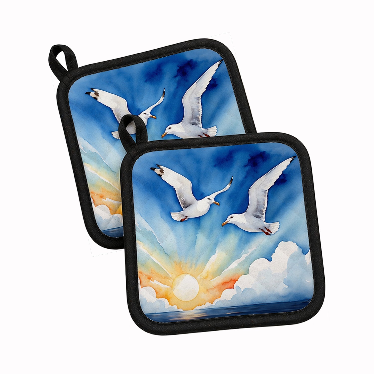Seagulls Flying Over Ocean Sunrise Watercolor Pot Holder Set of 2 Heat Resistant Quilted Hot Pads 7.5 x 7.5 Inch, Insulated Kitchen Trivets for Cooking & Baking