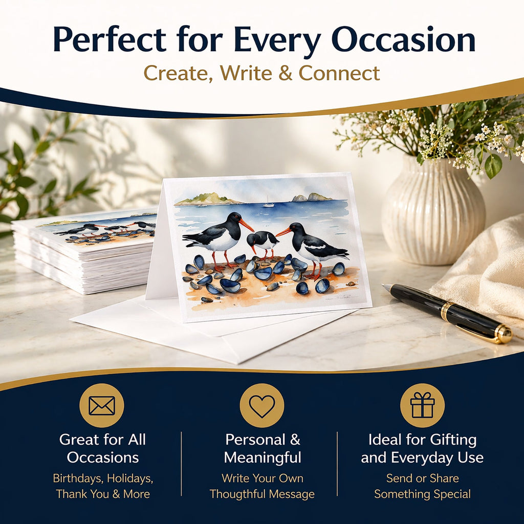 Oystercatchers on Beach Coastal Watercolor Greeting Cards Pack of 8 Blank Cards with Envelopes Whimsical A7 Size 5x7