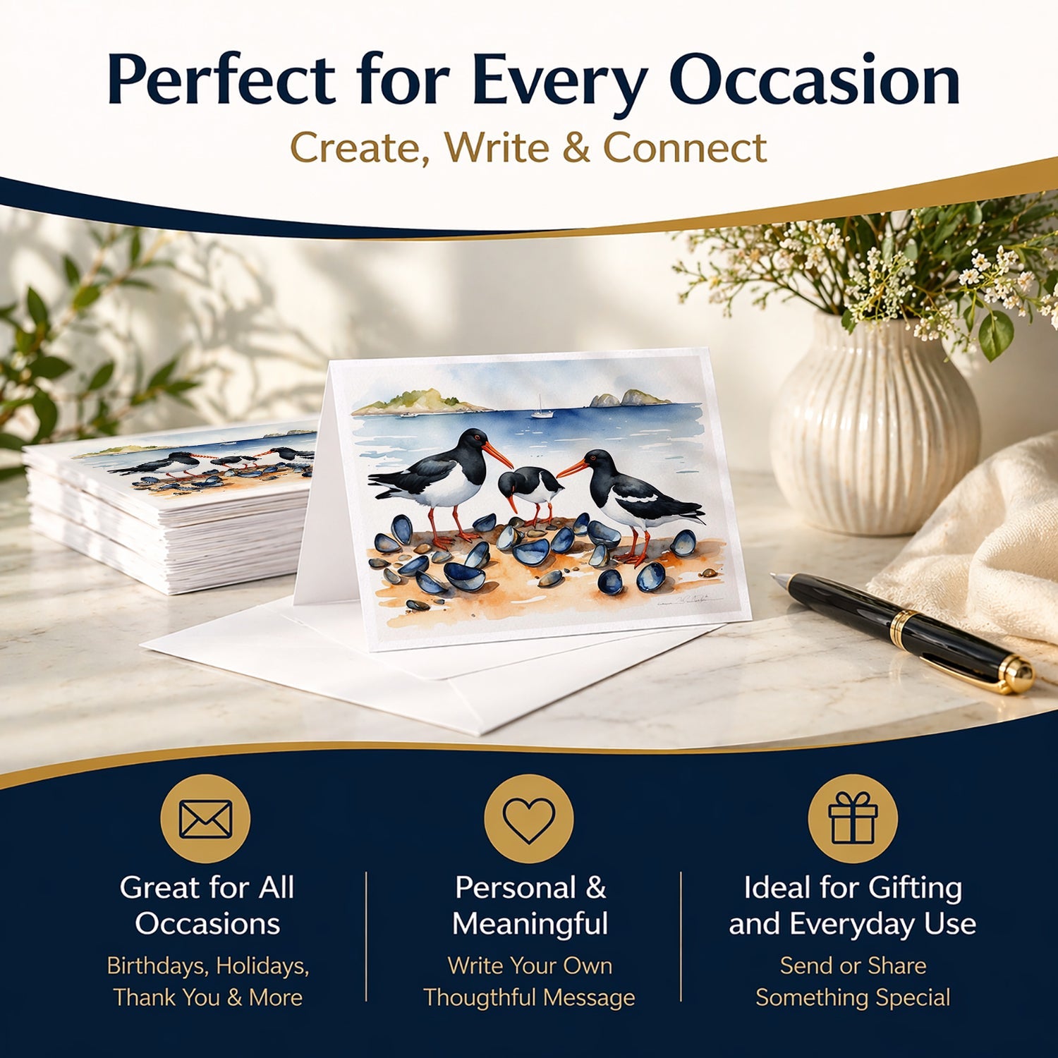Oystercatchers on Beach Coastal Watercolor Greeting Cards Pack of 8 Blank Cards with Envelopes Whimsical A7 Size 5x7