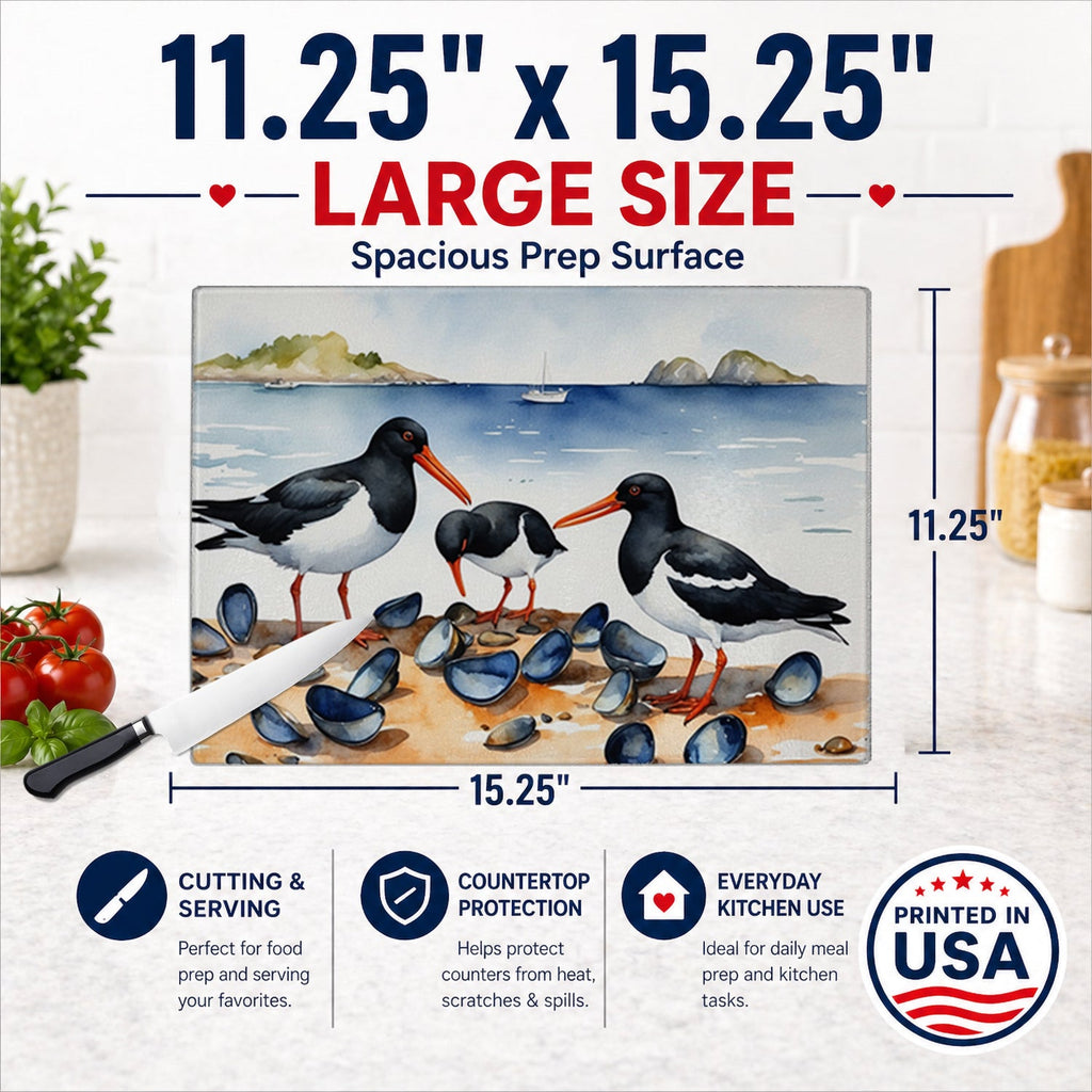 Oystercatchers on Beach Coastal Watercolor Cutting Board Tempered Glass Kitchen Cutting Surface, Heat Resistant Chopping, Non-Slip Feet, Food Prep & Serving