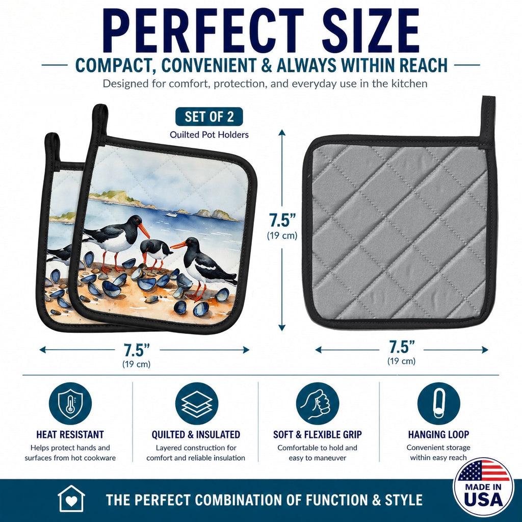 Oystercatchers on Beach Coastal Watercolor Pot Holder Set of 2 Heat Resistant Quilted Hot Pads 7.5 x 7.5 Inch, Insulated Kitchen Trivets for Cooking & Baking