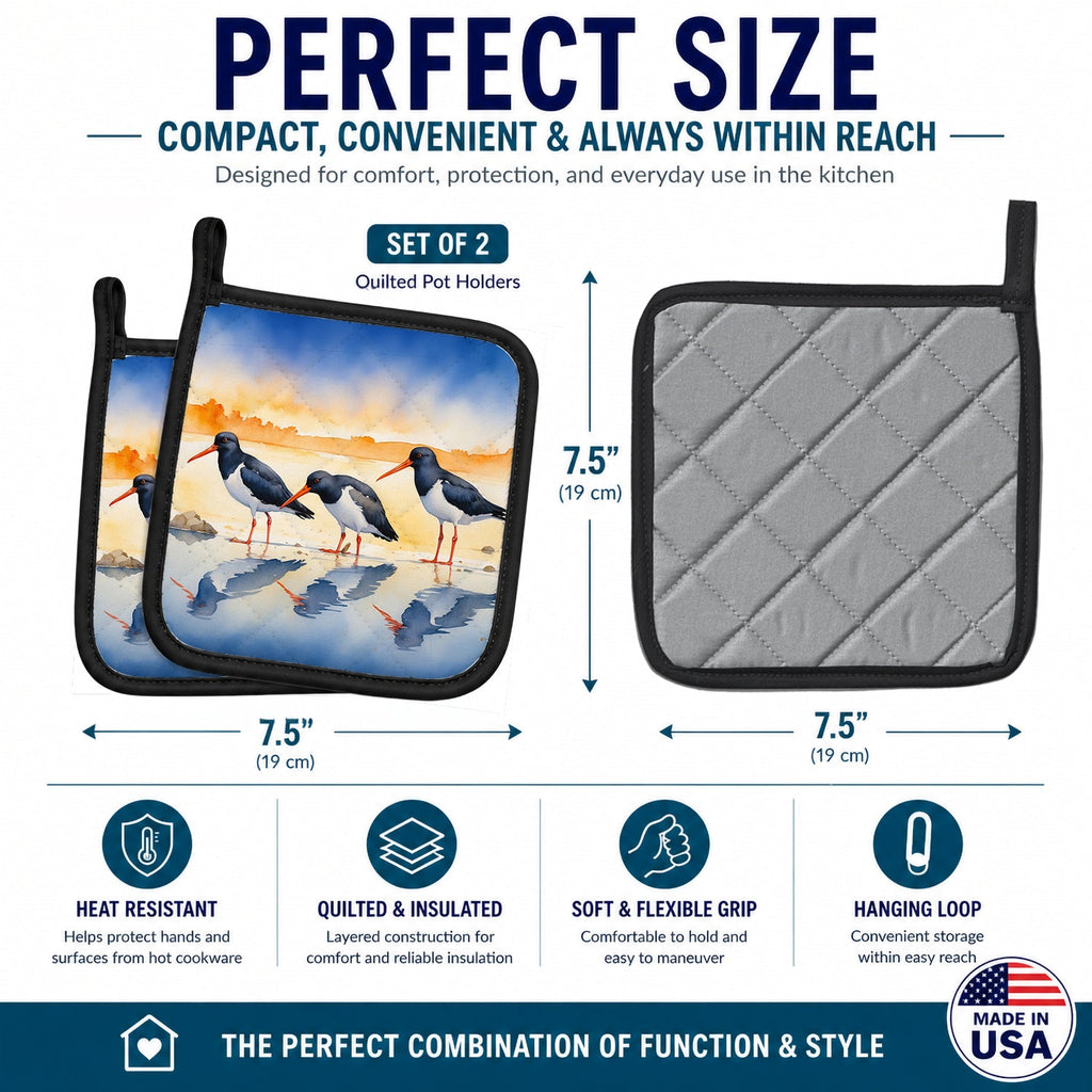 Oystercatchers on Beach Shore Watercolor Pot Holder Set of 2 Heat Resistant Quilted Hot Pads 7.5 x 7.5 Inch, Insulated Kitchen Trivets for Cooking & Baking