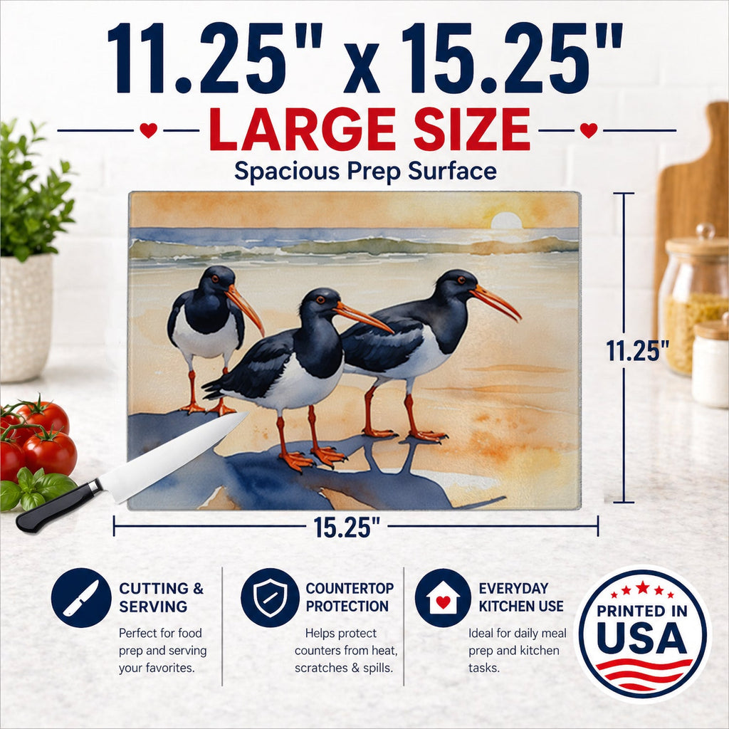 Oystercatchers Coastal Shoreline Watercolor Cutting Board Tempered Glass Kitchen Cutting Surface, Heat Resistant Chopping, Non-Slip Feet, Food Prep & Serving