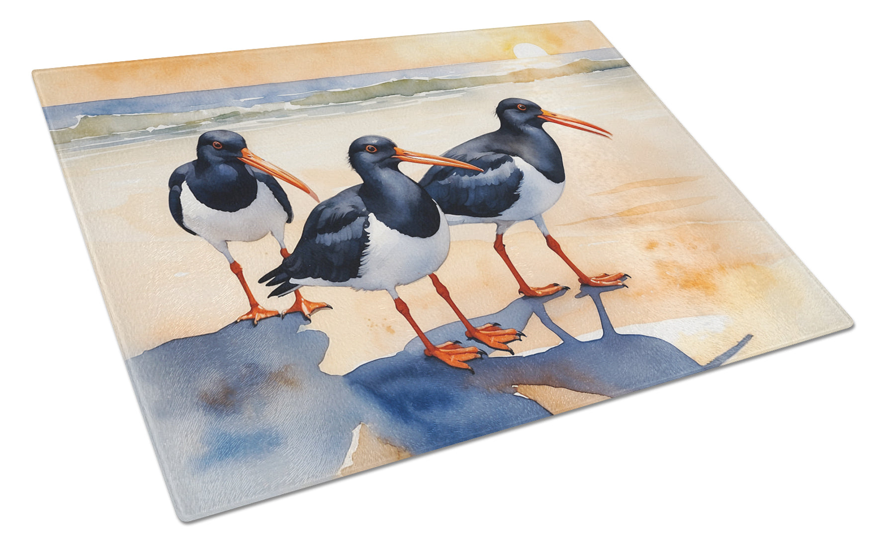 Oystercatchers Coastal Shoreline Watercolor Cutting Board Tempered Glass Kitchen Cutting Surface, Heat Resistant Chopping, Non-Slip Feet, Food Prep & Serving