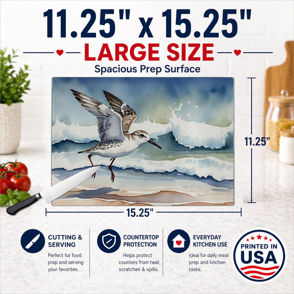 Sanderling Running Through Ocean Waves Watercolor Cutting Board Tempered Glass Kitchen Cutting Surface, Heat Resistant Chopping, Non-Slip Feet, Food Prep & Serving