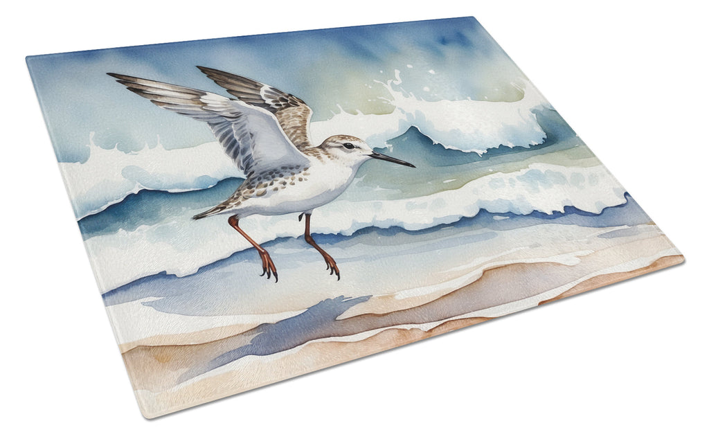 Sanderling Running Through Ocean Waves Watercolor Cutting Board Tempered Glass Kitchen Cutting Surface, Heat Resistant Chopping, Non-Slip Feet, Food Prep & Serving