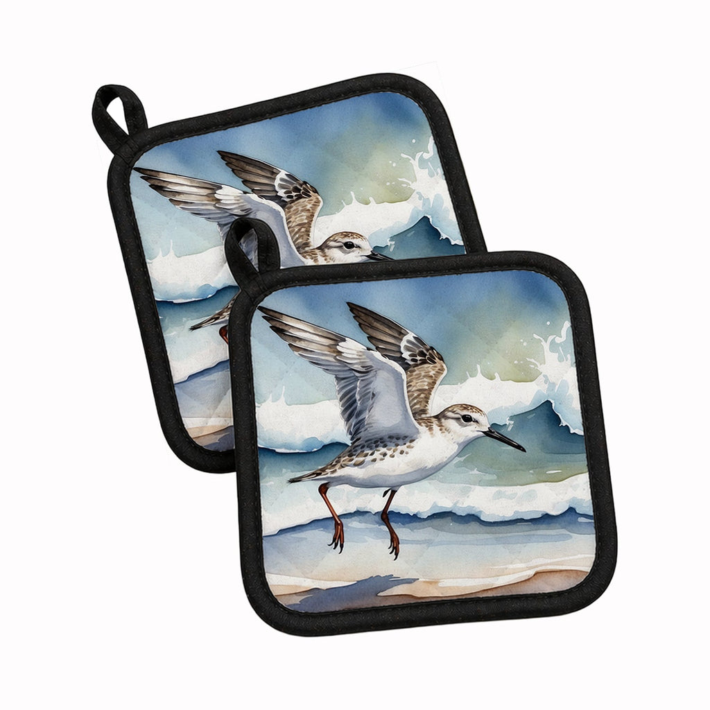 Sanderling Running Through Ocean Waves Watercolor Pot Holder Set of 2 Heat Resistant Quilted Hot Pads 7.5 x 7.5 Inch, Insulated Kitchen Trivets for Cooking & Baking
