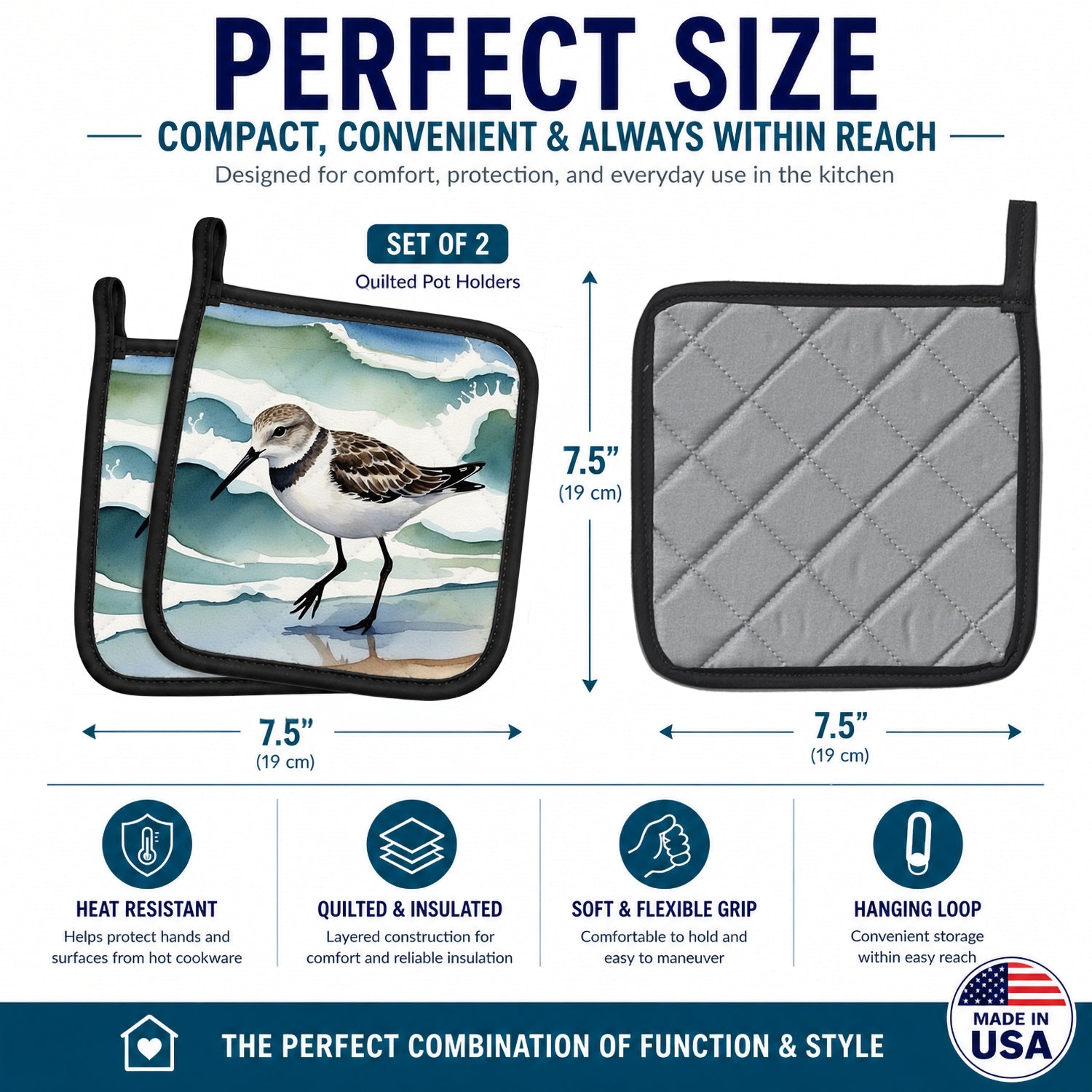 Sandpiper Walking Along Ocean Waves Watercolor Pot Holder Set of 2 Heat Resistant Quilted Hot Pads 7.5 x 7.5 Inch, Insulated Kitchen Trivets for Cooking & Baking