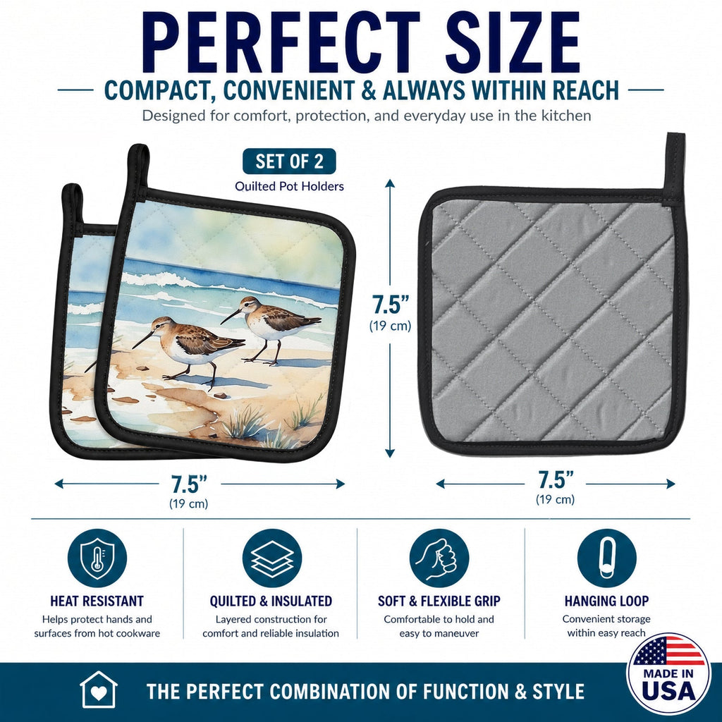 Sandpipers on Beach Shoreline Watercolor Pot Holder Set of 2 Heat Resistant Quilted Hot Pads 7.5 x 7.5 Inch, Insulated Kitchen Trivets for Cooking & Baking
