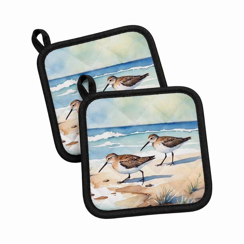 Sandpipers on Beach Shoreline Watercolor Pot Holder Set of 2 Heat Resistant Quilted Hot Pads 7.5 x 7.5 Inch, Insulated Kitchen Trivets for Cooking & Baking